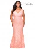 Picture of: Curvy Stretch Lace Dress with V-Neck and Rhinestones in Peach, Style: 28837, Detail Picture 8