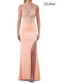 Picture of: Lace Bodice Fitted Gown with Slit and Open Crisscross Back in Peach, Style: 33386, Detail Picture 10