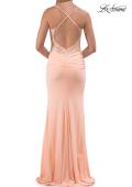 Picture of: Lace Bodice Fitted Gown with Slit and Open Crisscross Back in Peach, Style: 33386, Detail Picture 11