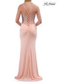 Picture of: Sheer Lace Corset Gown with High Slit and Lace-Up Back in Peach, Style: 33808, Detail Picture 14