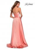 Picture of: Strapless Satin Gown with Pleated Bodice and Slit in Peach, Style: 28608, Back Picture