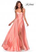 Picture of: Strapless Satin Gown with Pleated Bodice and Slit in Peach, Style: 28608, Detail Picture 1