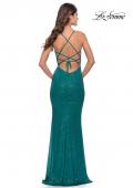 Picture of: Simple Line Sequin Dress with Lace Up Back in Peacock, Style: 31362, Back Picture