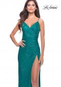 Picture of: Ruched Sequin Dress with Open Tie Back in Peacock, Style: 31583, Detail Picture 3