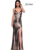 Picture of: Fitted Metallic Jersey Prom Dress with Corset Style Top in Penny , Style 32877, Detail Picture 13