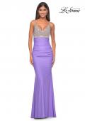 Picture of: Neon Ruched Jersey Dress with Rhinestone Mesh Draped Top in Periwinkle, Style: 32320, Detail Picture 9