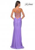 Picture of: Neon Ruched Jersey Dress with Rhinestone Mesh Draped Top in Periwinkle, Style: 32320, Detail Picture 10