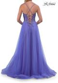 Picture of: Corset Tulle A-Line Gown with Lace Applique and Slit in Periwinkle, Style: 33860, Detail Picture 10