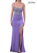 Picture of: Sheer Lace Corset Gown with High Slit and Lace-Up Back in Periwinkle, Style: 33808, Detail Picture 11