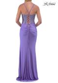 Picture of: Sheer Lace Corset Gown with High Slit and Lace-Up Back in Periwinkle, Style: 33808, Detail Picture 12