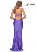 Picture of: Long Ruched Jersey Prom Dress with Thin Straps in Periwinkle, Style: 28398, Back Picture