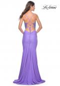 Picture of: Fitted Jersey Prom Dress with Rhinestone Beaded Illusion Bodice in Periwinkle, Style: 32054, Back Picture