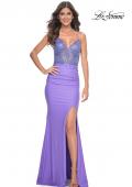 Picture of: Fitted Jersey Prom Dress with Rhinestone Beaded Illusion Bodice in Periwinkle, Style: 32054, Detail Picture 3