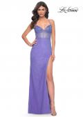 Picture of: Rhinestone Net Prom Dress with High Slit and Bustier Top in Purple, Style: 32328, Detail Picture 3