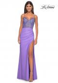 Picture of: Fitted Jersey Gown with Pretty Beaded Rhinestone Illusion Bodice in Periwinkle, Style: 32089, Detail Picture 5