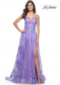 Picture of: Sequin Lace Print Tulle A-Line Prom Dress with Illusion Bodice in Periwinkle, Style: 32223, Detail Picture 5