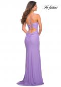 Picture of: Long Pastel Dress with Flattering Ruching and Slit in Periwinkle, Detail Picture 7