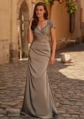 Picture of: Ruched Satin Gown with Lace Cap Sleeves and Illusion Back in Pewter, Style: 32431, Main Picture