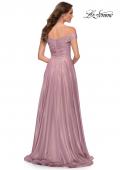 Picture of: Metallic Chiffon Gown with Off the Shoulder Top in Pink Metallic, Style 29172, Back Picture