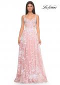 Picture of: Sequin Lace Print Tulle A-Line Prom Dress with Illusion Bodice in Pink, Style: 32223, Detail Picture 10