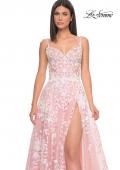 Picture of: Sequin Lace Print Tulle A-Line Prom Dress with Illusion Bodice in Pink, Style: 32223, Detail Picture 12