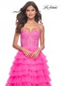 Picture of: Neon Tiered Ruffle Tulle Prom Dress with Rhinestone Embellished Bodice in Pink, Style: 32335, Detail Picture 14