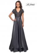Picture of: Short Sleeve Satin Gown with Embellished Bodice in Platinum, Style: 26447, Main Picture