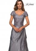 Picture of: V-neck Jersey Floor Length Gown with Short Sleeves in Platinum, Style: 27033, Detail Picture 1