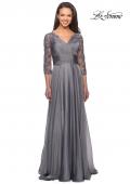 Picture of: Floor Length Chiffon Dress with Lace Sleeves in Platinum, Style: 27153, Detail Picture 1