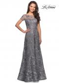 Picture of: Short Sleeve Long Sequin Dress with Sheer Neckline in Platinum, Style: 27839, Detail Picture 1