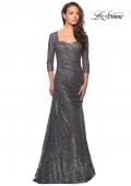Picture of: Floor Length Sequin Gown wtih Ruching and Sleeves in Platinum, Style: 28065, Detail Picture 1