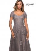 Picture of: A-line Dress with Lace Detail and Sheer Cap Sleeves in Platinum, Style: 28091, Detail Picture 1