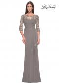 Picture of: Long Evening Gown with Lace Illusion Sleeves and Neckline in Platinum, Style: 30385, Detail Picture 1