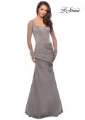 Picture of: Long Jersey Gown with Sheer Long Sleeves and Ruching in Platinum, Style: 25064, Detail Picture 2