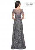Picture of: Short Sleeve Long Sequin Dress with Sheer Neckline in Platinum, Style: 27839, Detail Picture 2