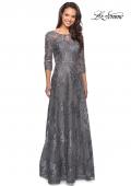 Picture of: Long Lace Dress with Sequins and Sheer 3/4 Sleeves in Platinum, Style: 27885, Detail Picture 2