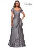 Picture of: V-neck Jersey Floor Length Gown with Short Sleeves in Platinum, Style: 27033, Detail Picture 4