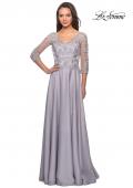 Picture of: Floor Length Satin Dress with Lace Detail and Pockets in Platinum, Style: 27235, Detail Picture 4