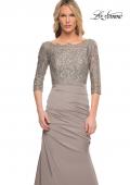 Picture of: Gathered Mermaid Satin Gown with Lace Top in Platinum, Style: 24926, Detail Picture 5