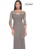 Picture of: Long Evening Gown with Lace Illusion Sleeves and Neckline in Platinum, Style: 30385, Detail Picture 7