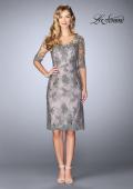 Picture of: Short Dress with Lace Applique and Illusion Sleeves in Platinum, Style: 24878, Main Picture