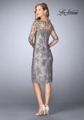Picture of: Short Dress with Lace Applique and Illusion Sleeves in Platinum, Style: 24878, Back Picture