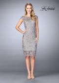 Picture of: Short Metallic Lace Dress with Sheer Top and Hem in Platinum, Style: 24861, Detail Picture 1