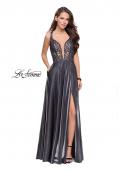 Picture of: Two Tone A-line Gown with Lace Bodice and Leg Slit in Platinum, Style: 25907, Main Picture