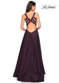 Picture of: Two Tone Satin Long Gown with Plunging Neckline in Plum, Style: 27049, Back Picture