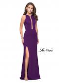 Picture of: High Neck Satin Gown with Leg Slit and Strappy Back in Plum, Style: 25962, Detail Picture 7
