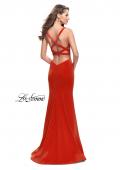 Picture of: Long Form Fitting Jersey Prom Dress with Open Back in Poppy Red, Style: 25651, Back Picture