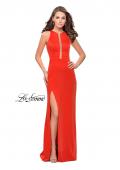 Picture of: High Neck Satin Gown with Leg Slit and Strappy Back in Poppy Red, Style: 25962, Detail Picture 6