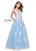 Picture of: Long Tulle Ball Gown with Lace Applique and Side Cut Outs in Powder Blue White, Style: 25624, Detail Picture 2