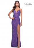 Picture of: Stretch Sequin Gown with Deep V Neck and Tie Back in Bright Colors in Purple, Style: 31430, Main Picture